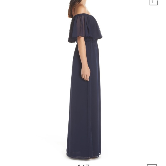 NEW Wayf Off The Shoulder Ruffle Popover Navy Gown - Picture 11 of 12